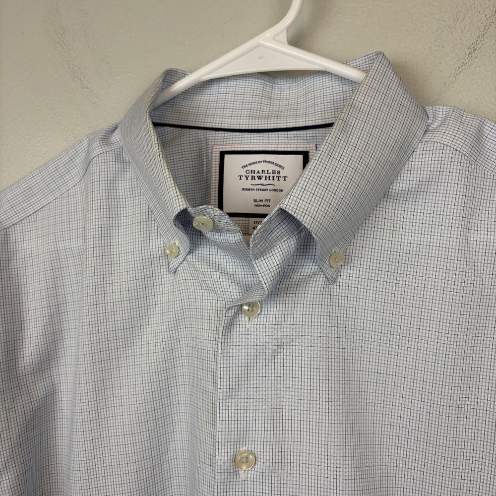 Charles Tyrwhitt Shirt Mens 17 36 Blue Check Slim Fit Non Iron Button Down‎